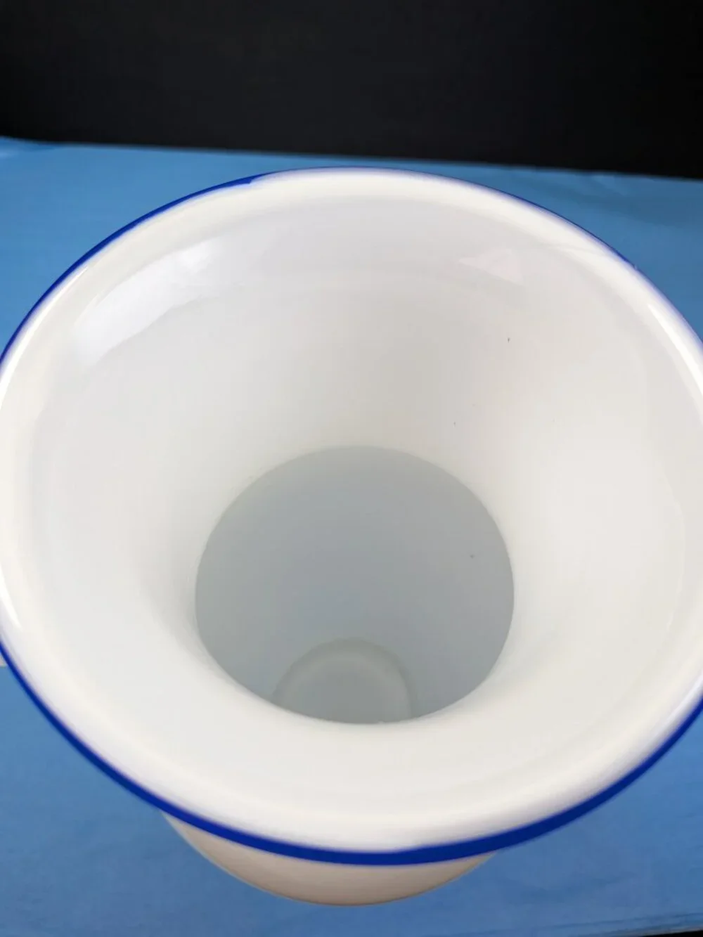 Vintage Cased White Milk Glass Trumpet Vase Cobalt Blue Rim Floral Bead Bundle